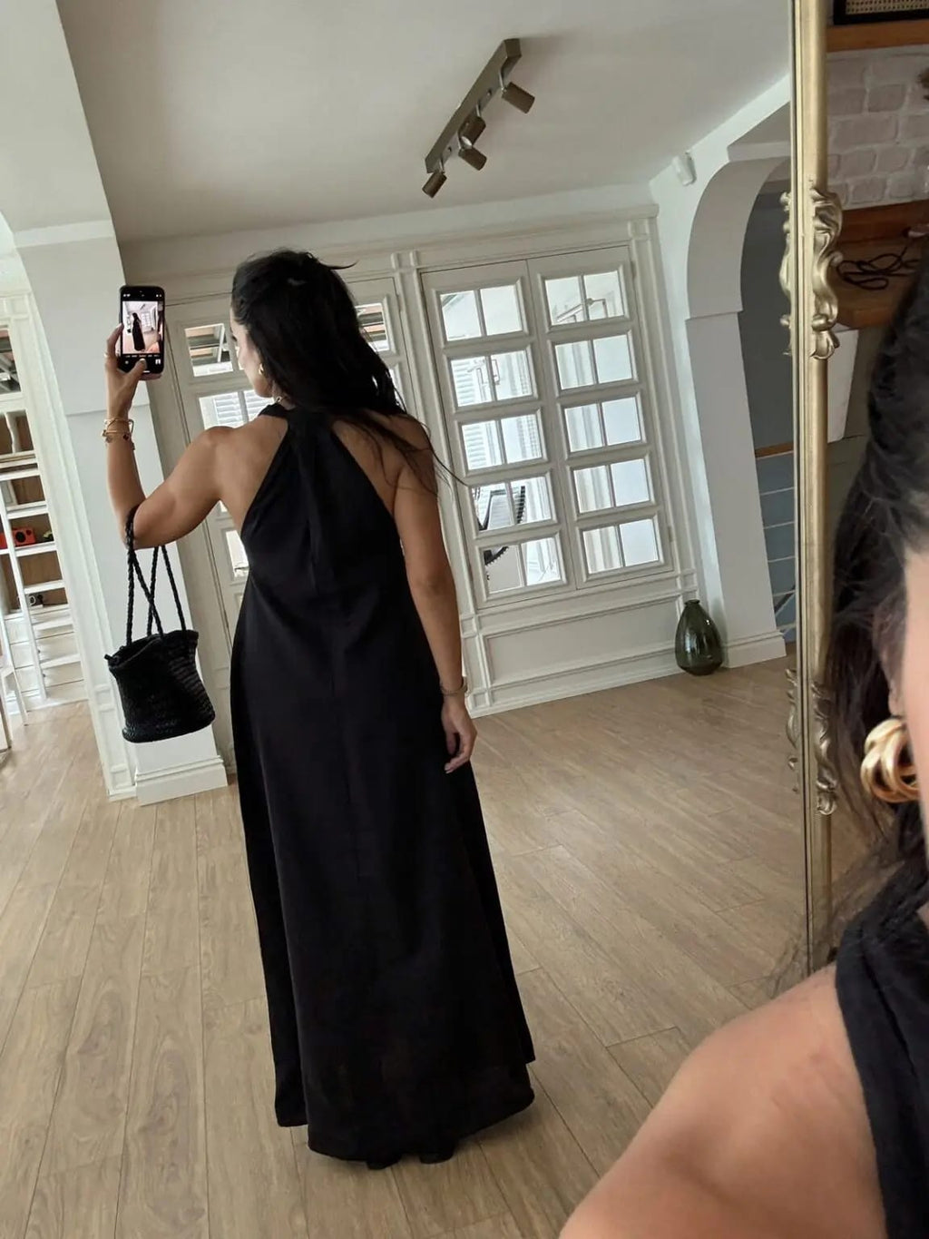 Black Back Detailed V Neck Premium Linen Dress