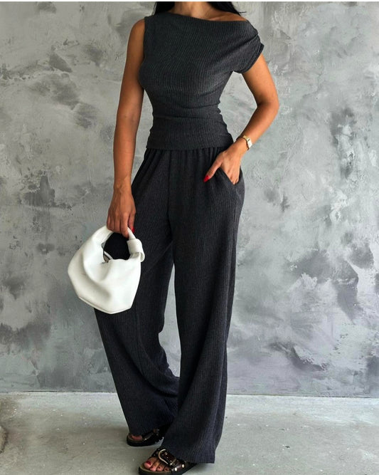 Black asymmetric blouse pants suit
