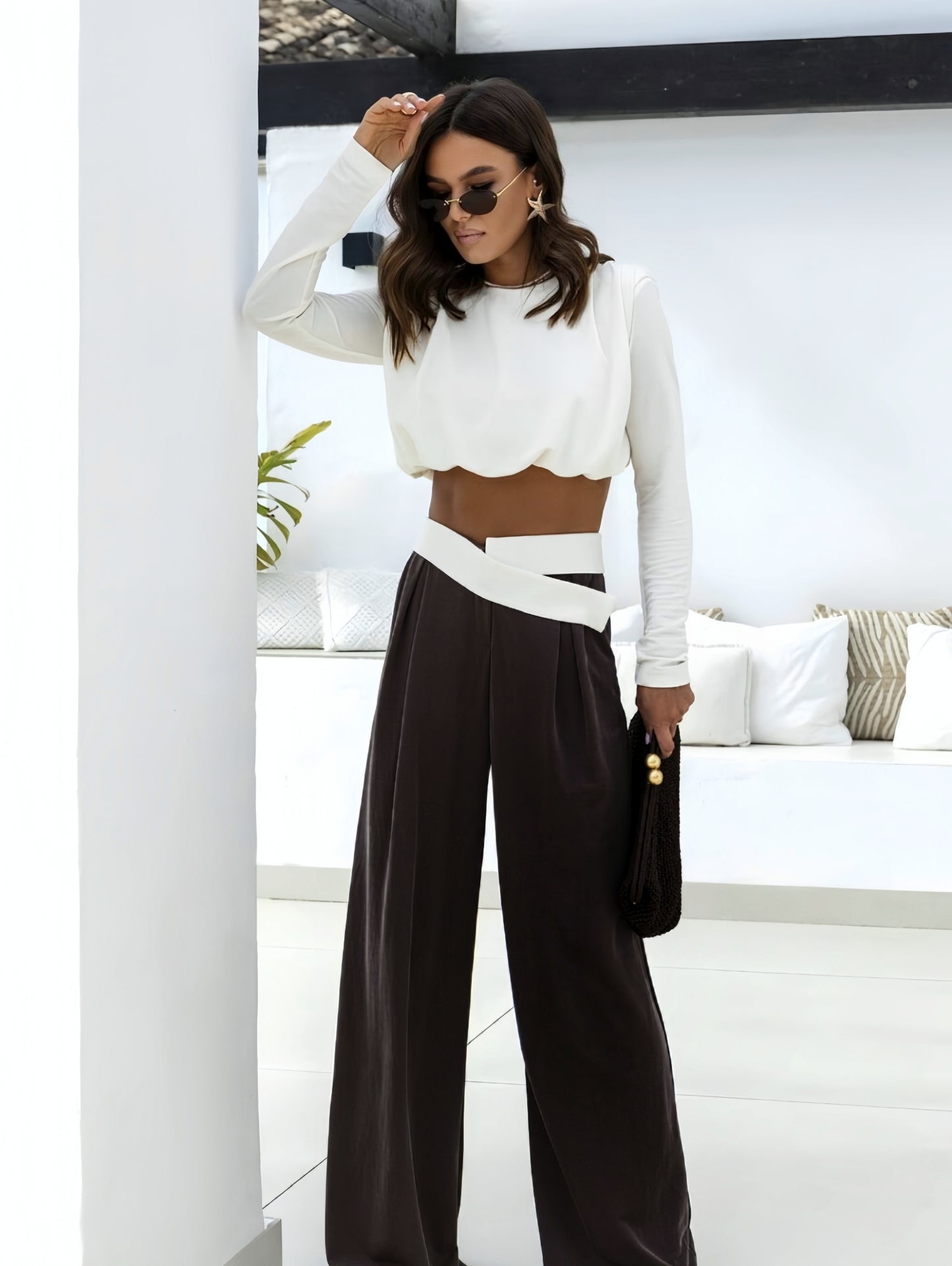 Long-sleeved Pleated Top and Two-piece Pants Suit