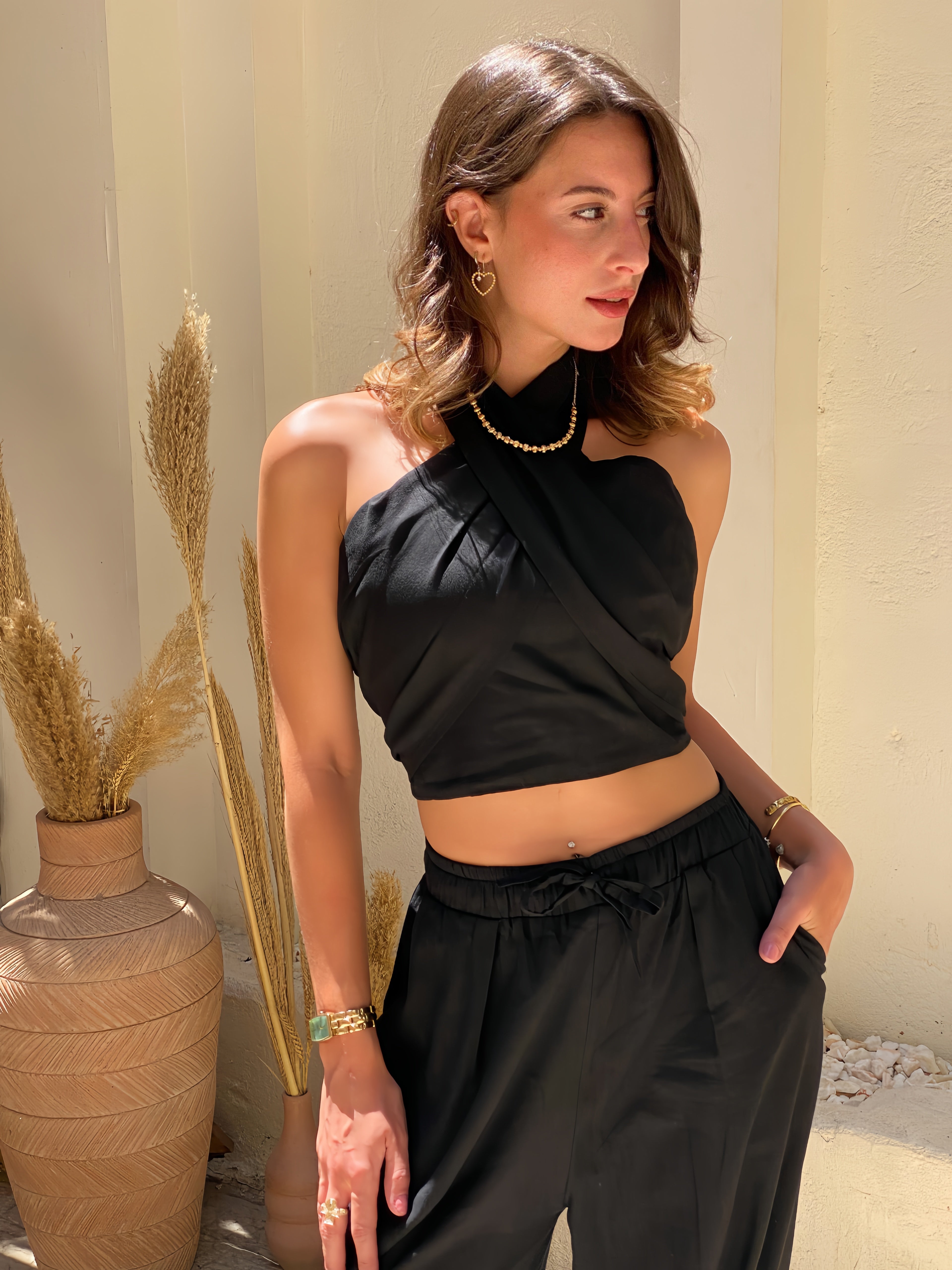 Black Linen Neck Tie Set