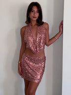 ‘DANICA’ Sequin Cowl Top + Skirt - Pink