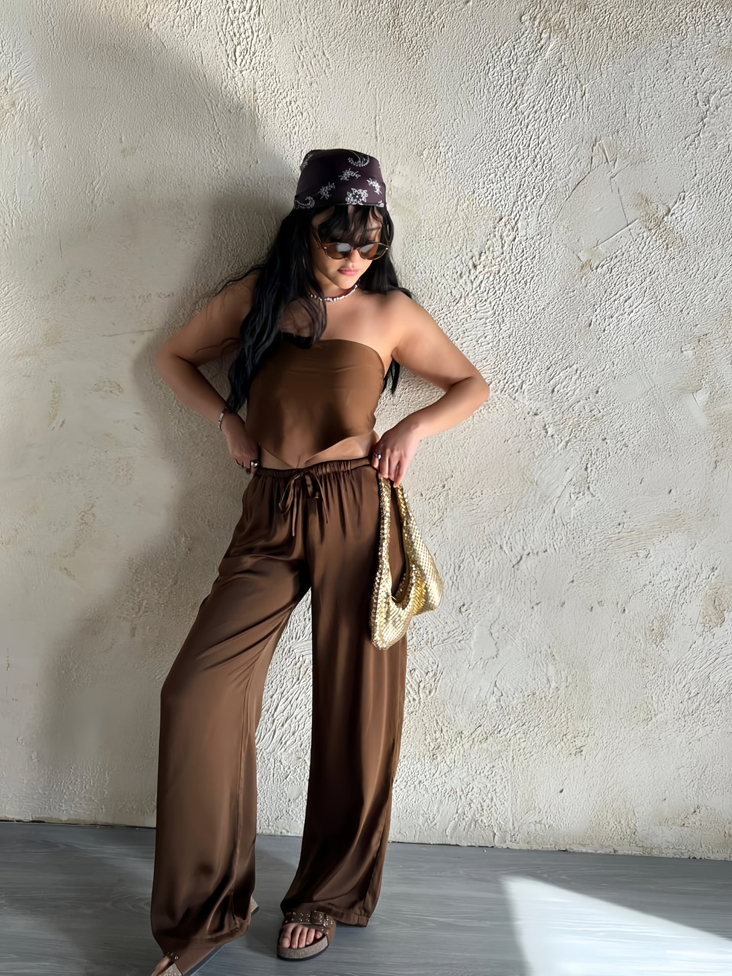 Brown Allure Satin Scarf Top & Wide-Leg Pants Set