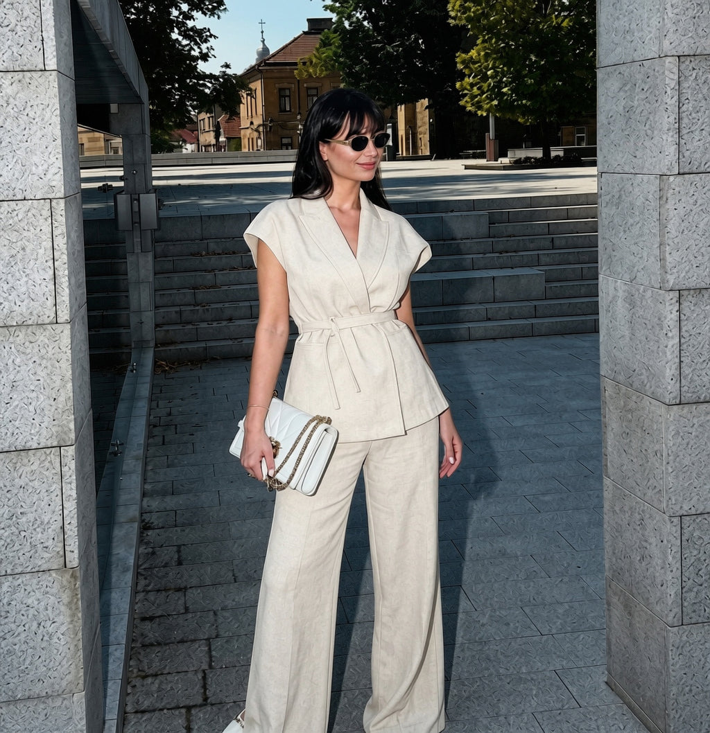 Beige Linen Blend Pleated Sets