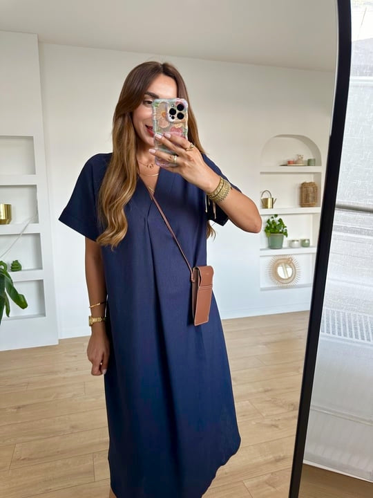 Navy Linen Midi Dress