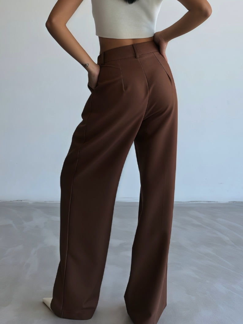 Brown-High Waisted Wide Leg Pants