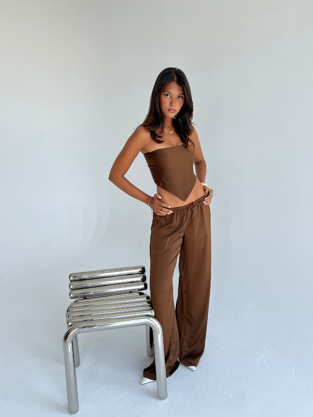 Allure Satin Scarf Top & Wide-Leg Pants Set