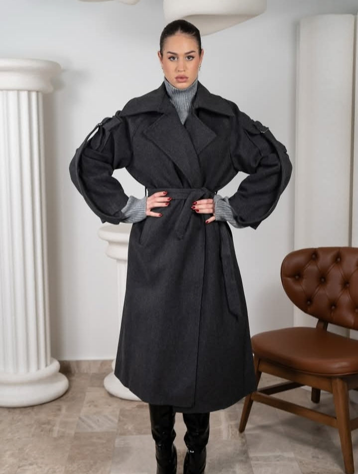 Grey Anthracite Wool Blend Sleeve Pocket Coat