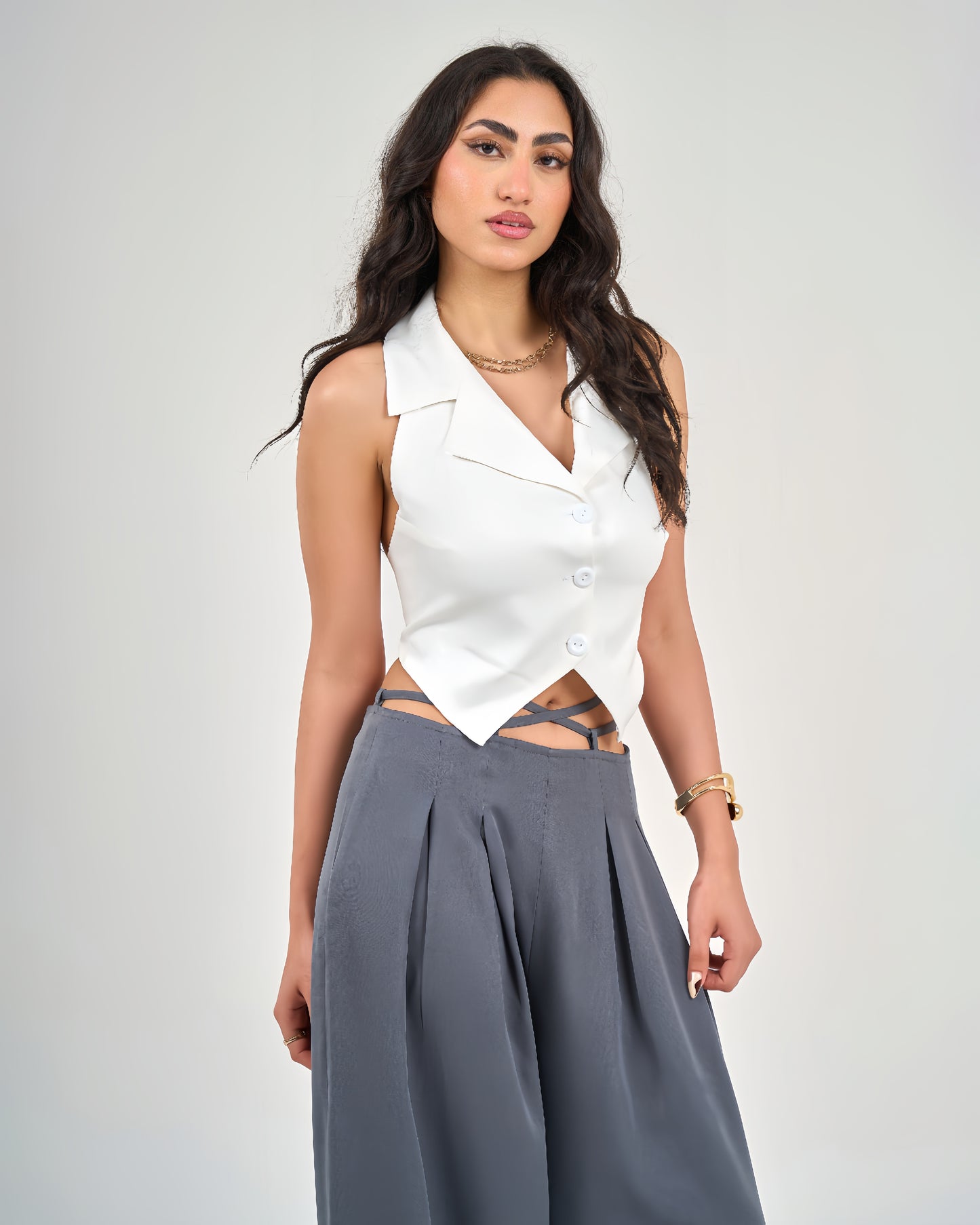 Grey Belt &amp; Pleats Pants