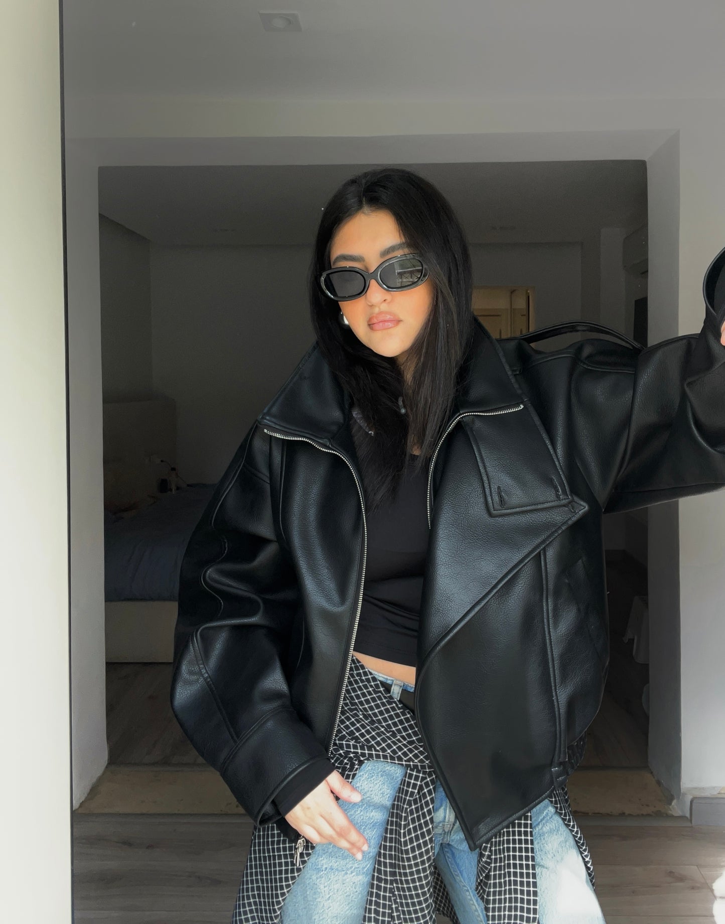 Black High Collar Faux Leather Jacket