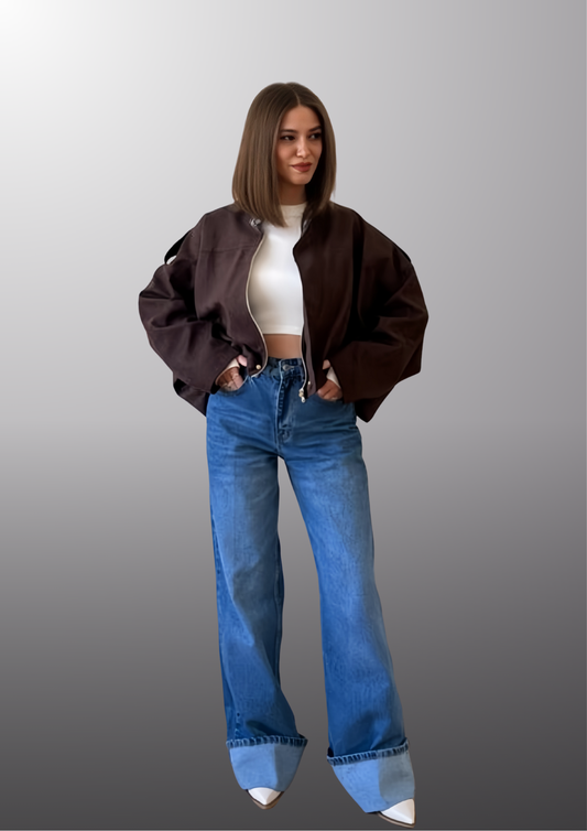 SUEDE ZIPPERED DROP SHOULDER BOMBER JACKET