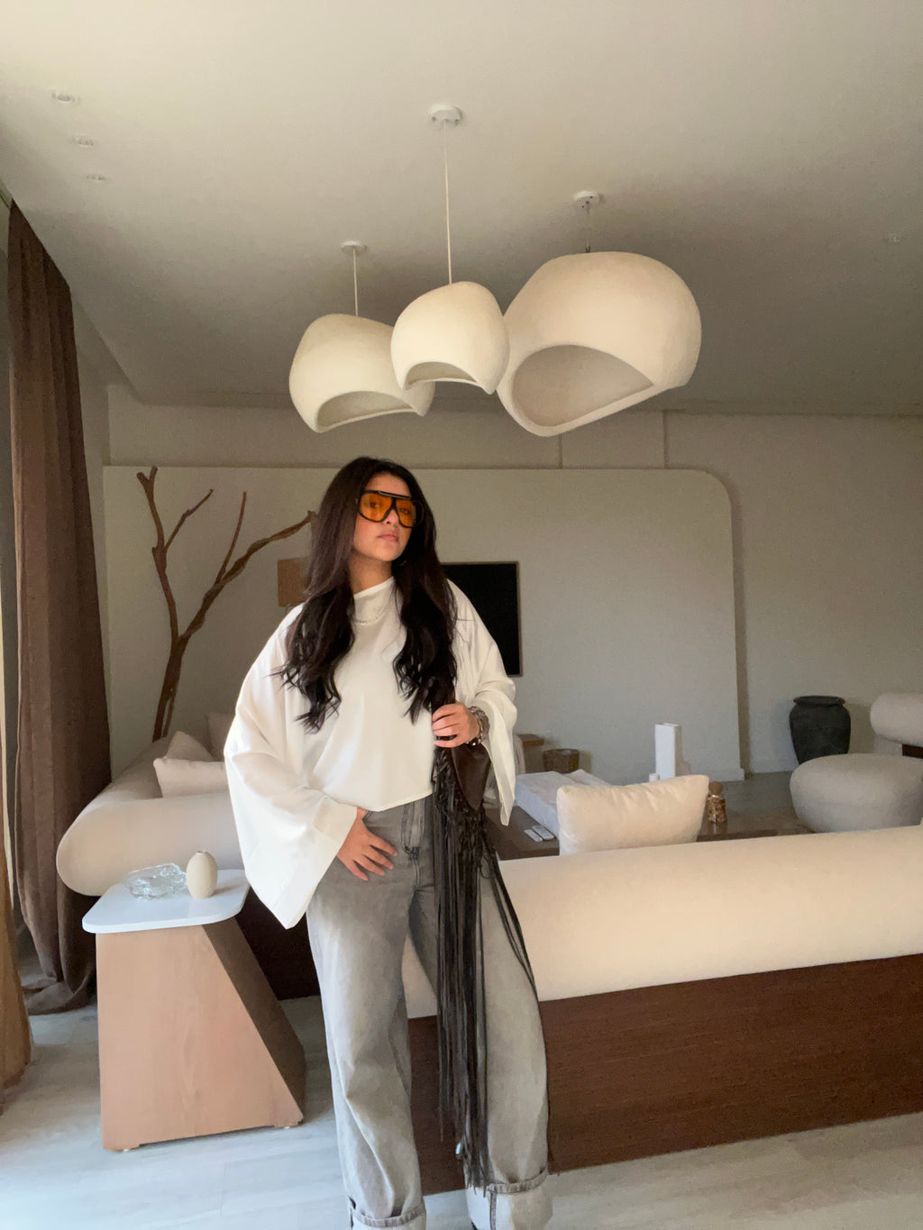 Wide Sleeve Satin Blouse White
