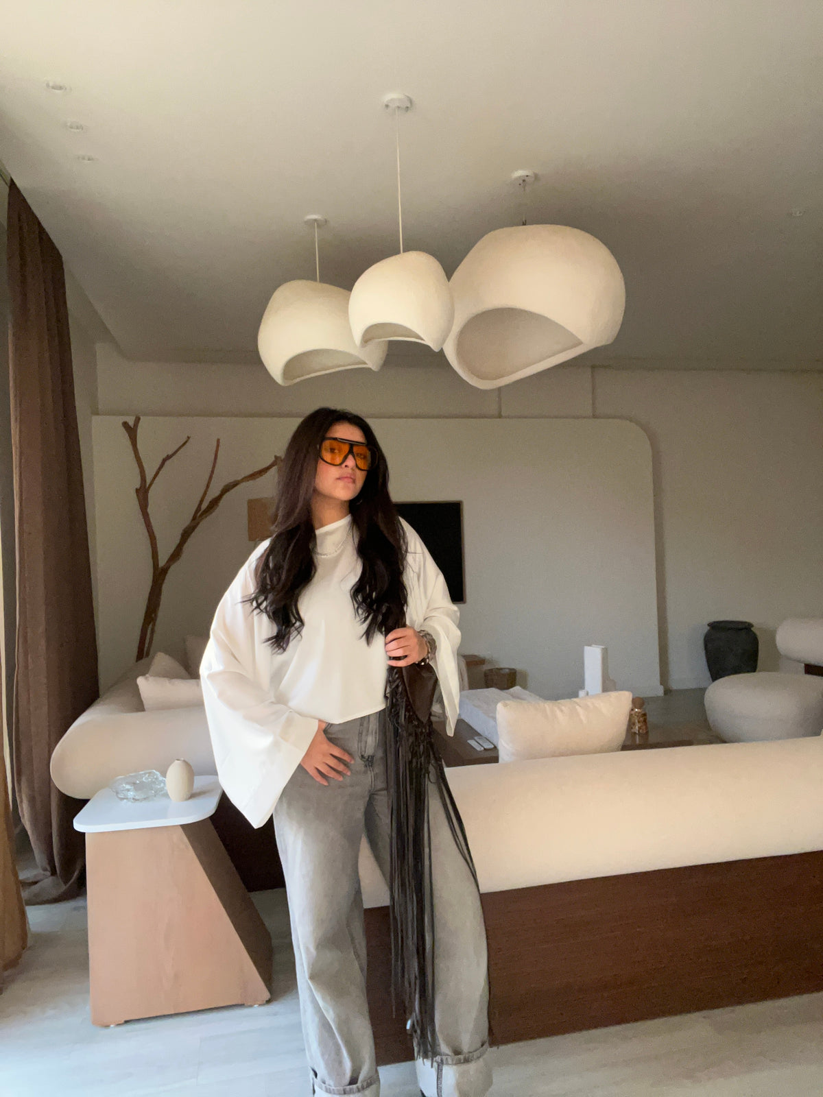 Wide Sleeve Satin Blouse White