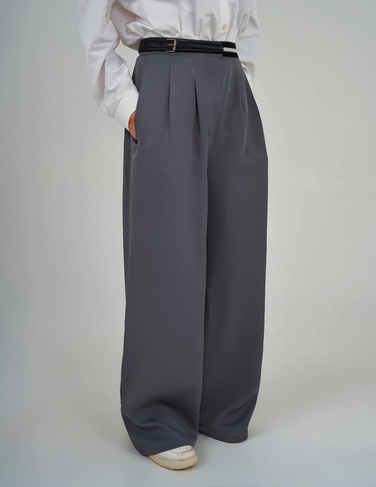 Waisted Wide Leg Pants Grey