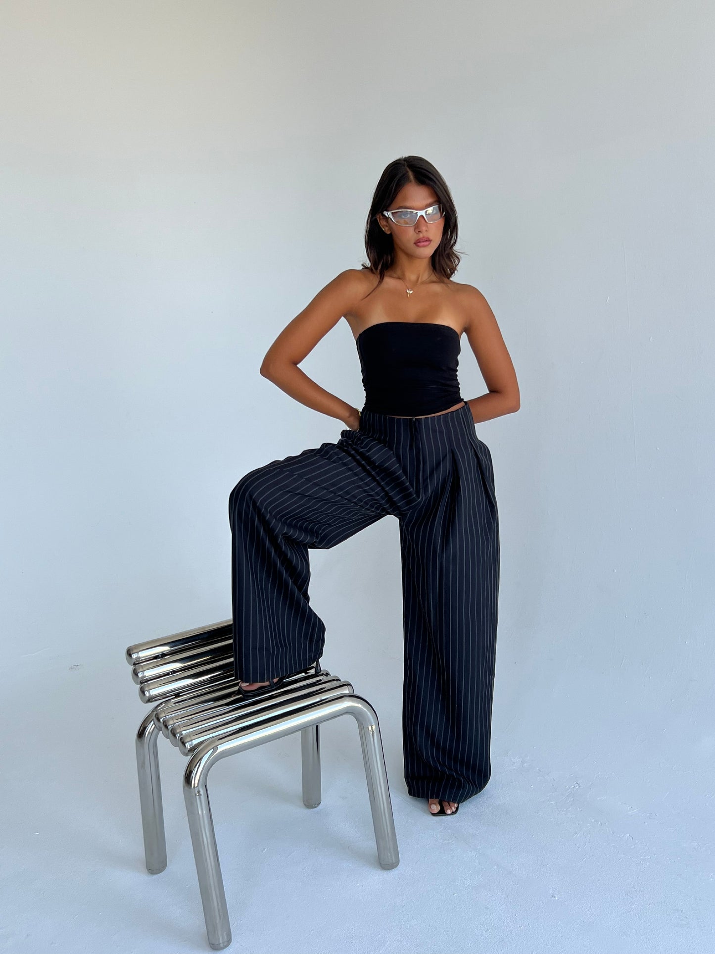 The Riviera Pinstripe Wide-Leg Pants – Black