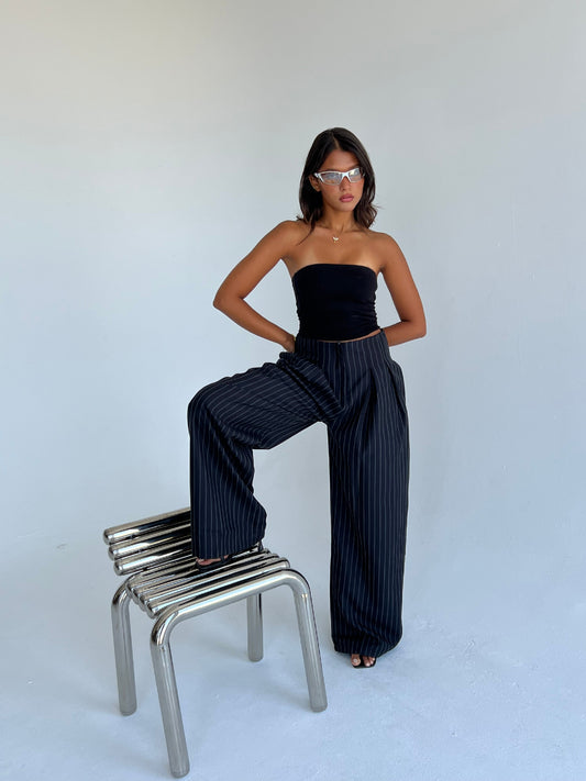 The Riviera Pinstripe Wide-Leg Pants – Black