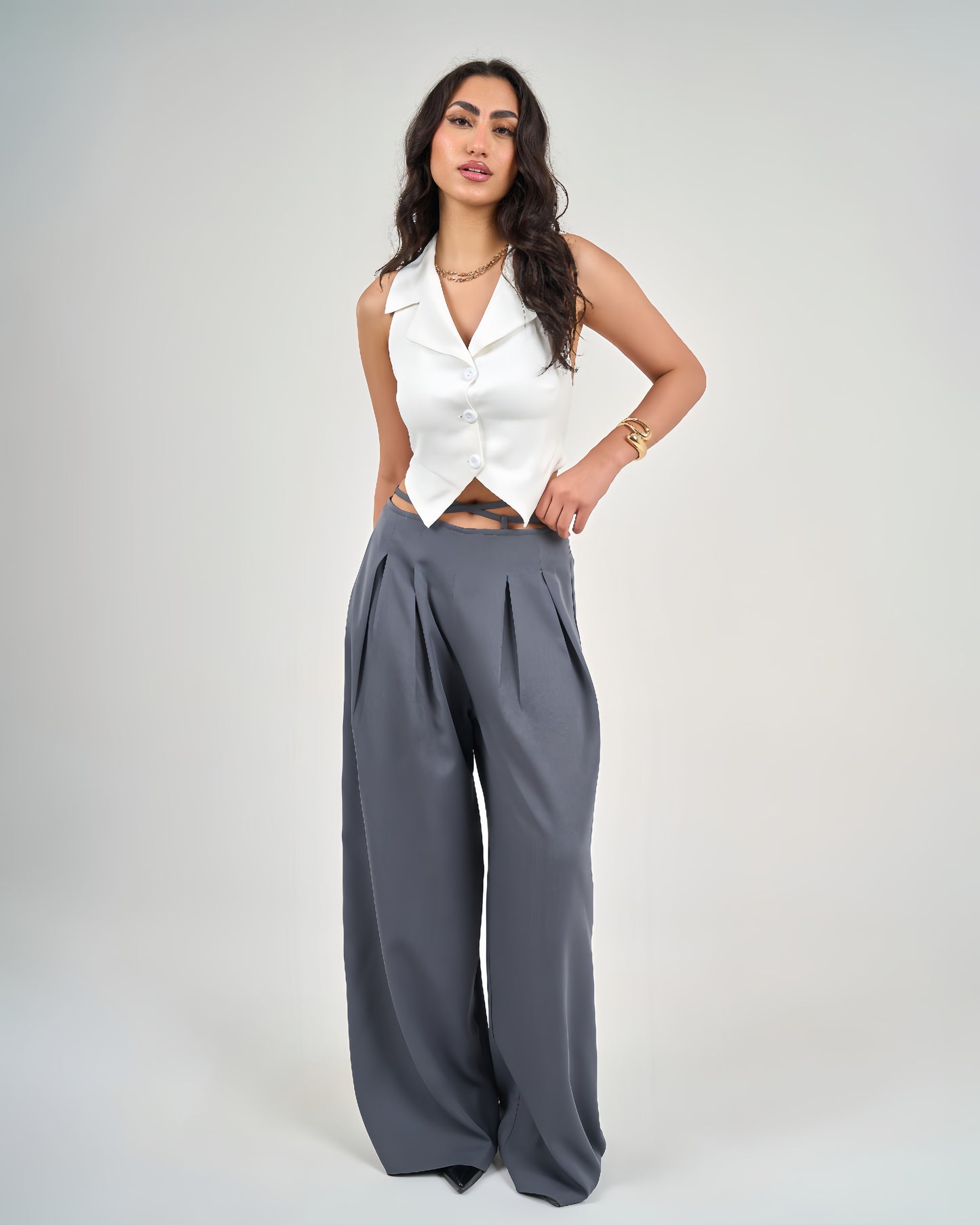 Grey Belt &amp; Pleats Pants