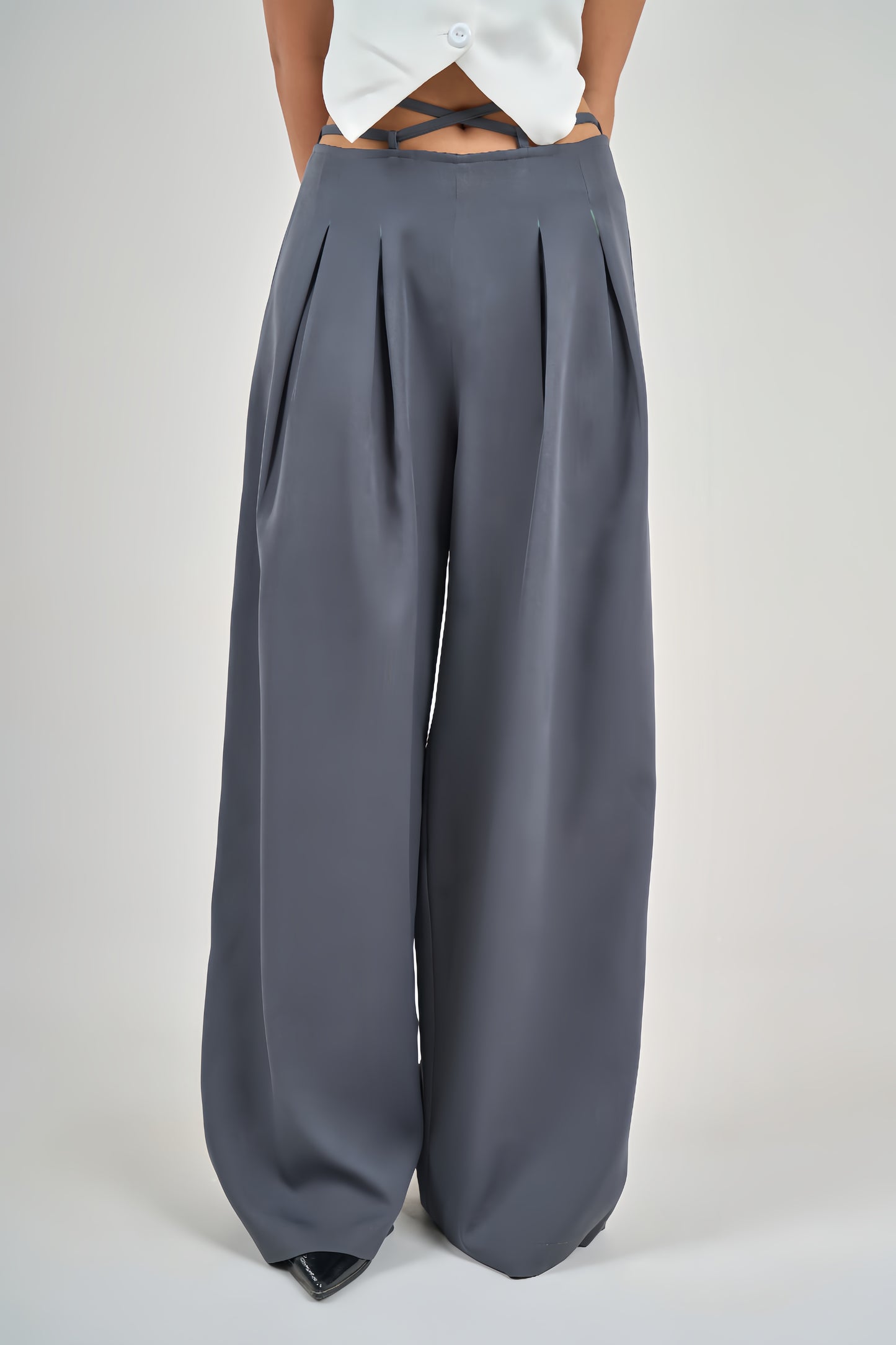 Grey Belt &amp; Pleats Pants