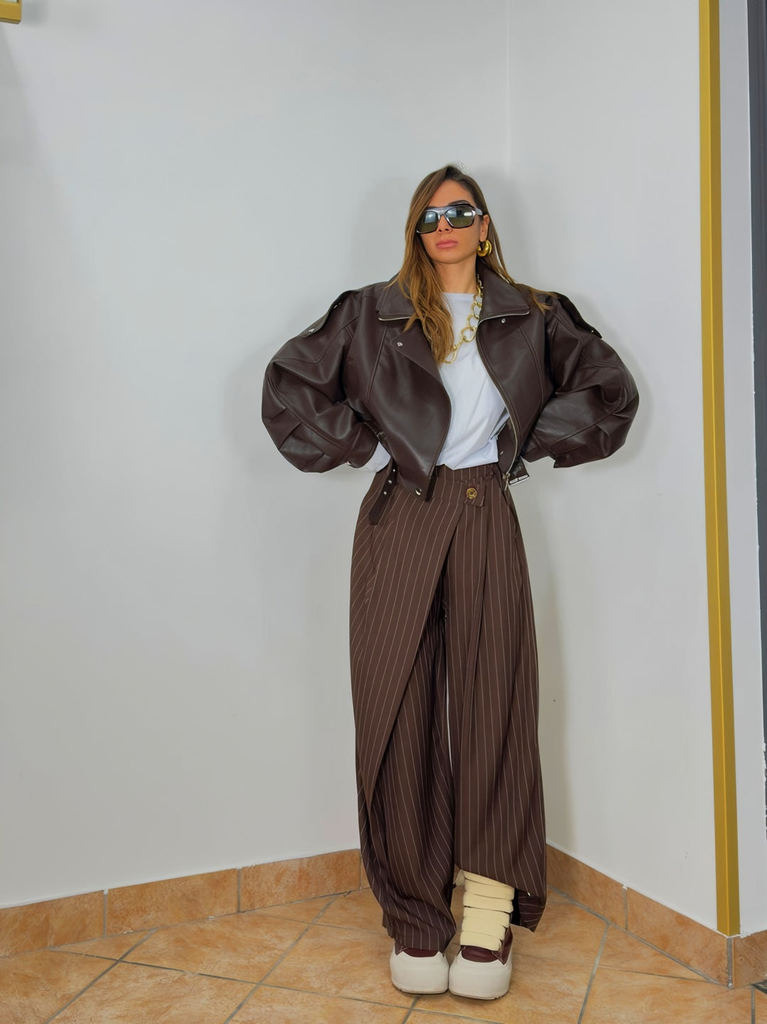 Striped trousers with wrap details