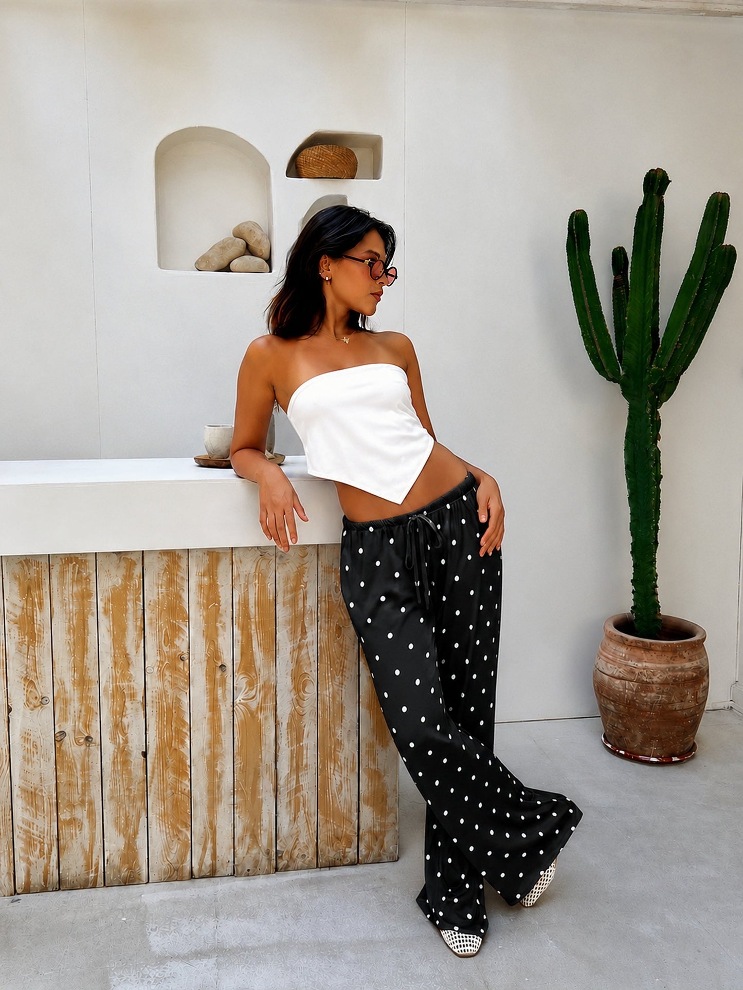 Satin Polka Dot Lounge Set – Black & White