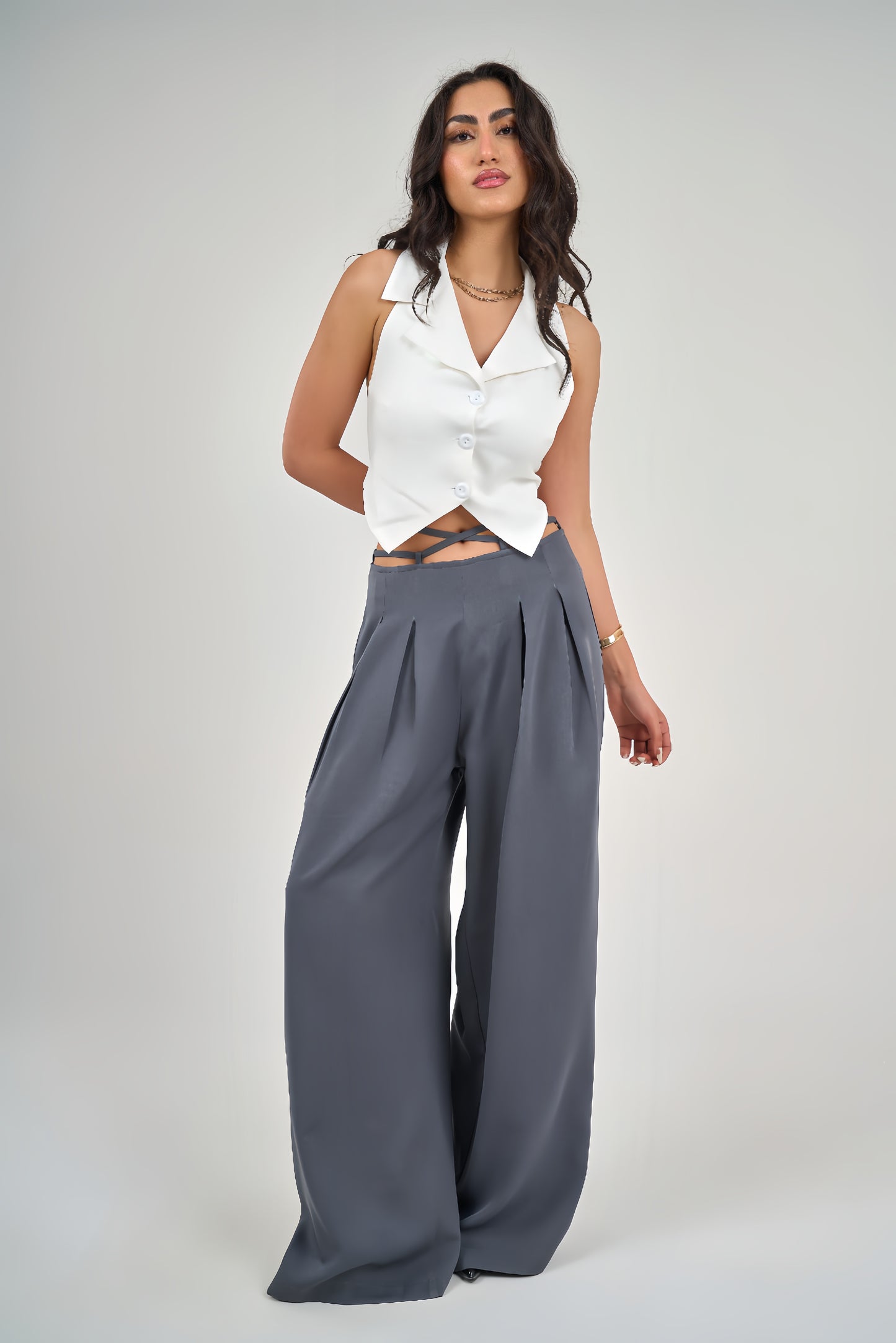 Grey Belt &amp; Pleats Pants