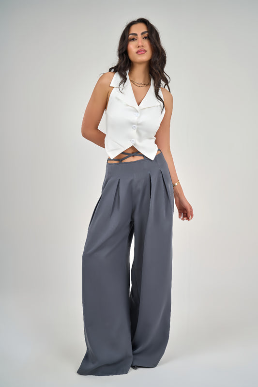 Grey Belt &amp; Pleats Pants