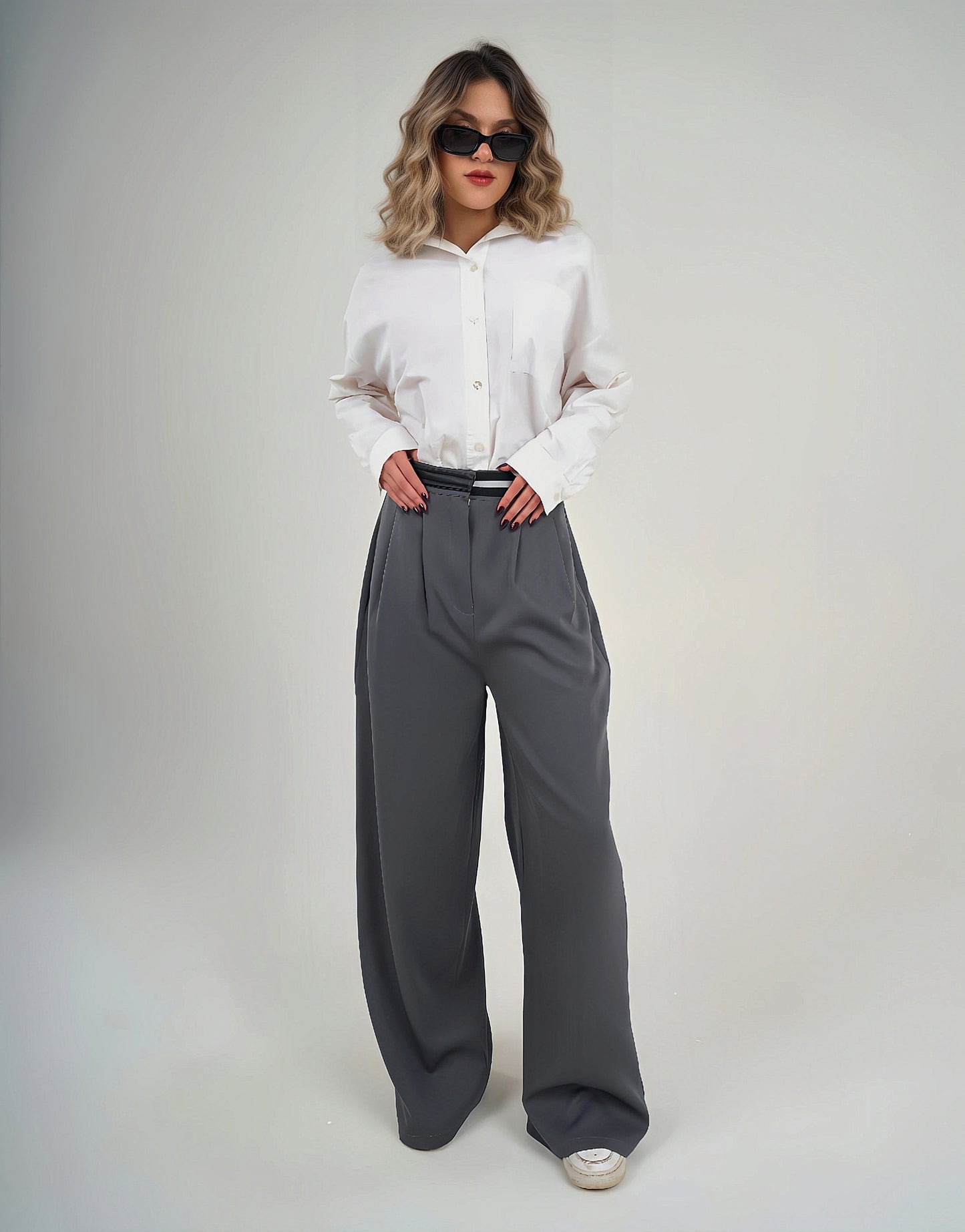 Waisted Wide Leg Pants Grey