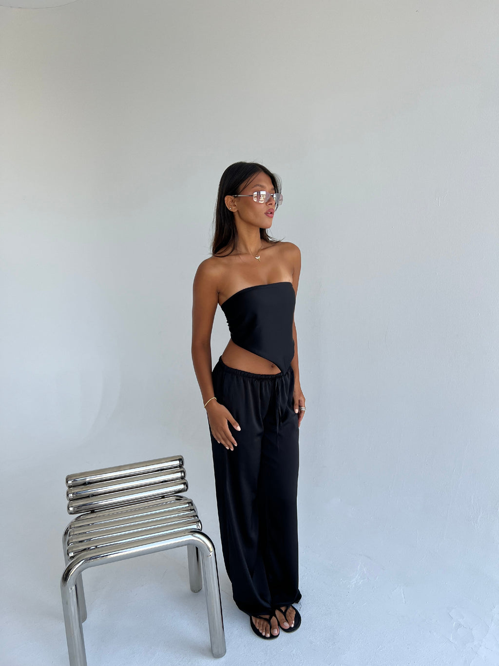 Allure Satin Scarf Top & Wide-Leg Pants Set