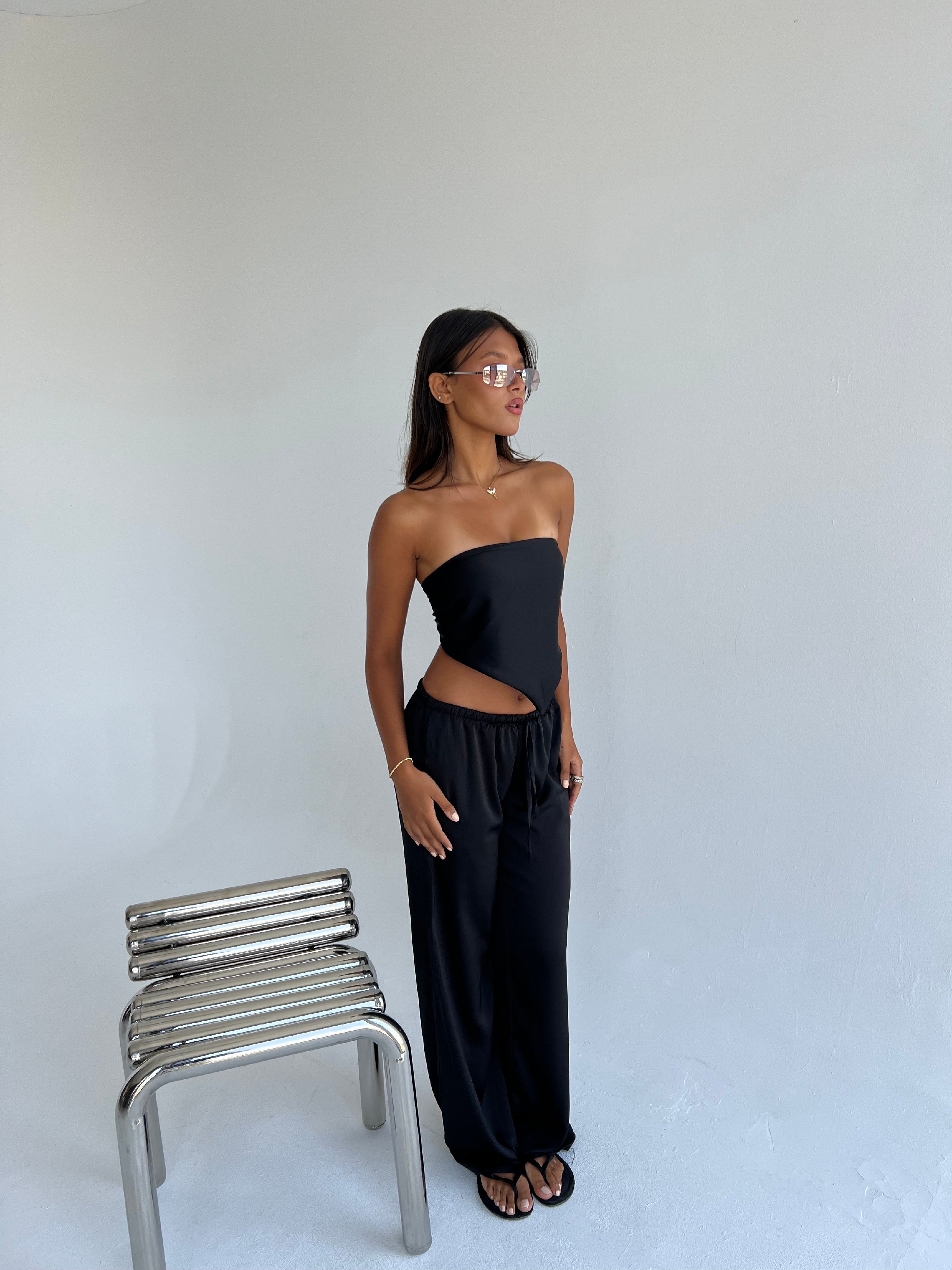 Allure Satin Scarf Top & Wide-Leg Pants Set