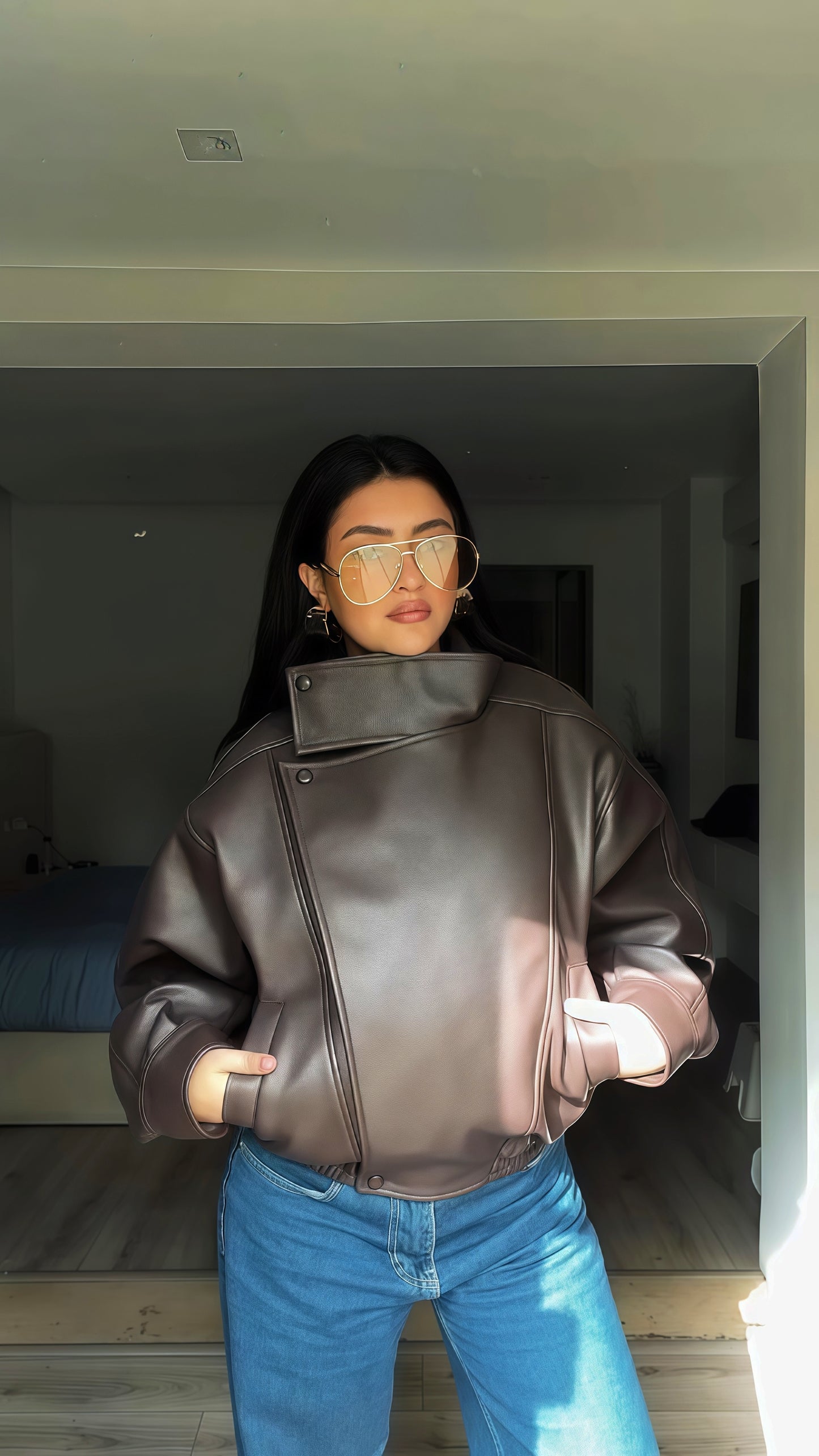 Brown High Collar Faux Leather Jacket