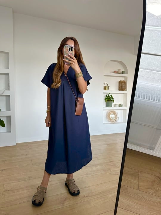 Navy Linen Midi Dress