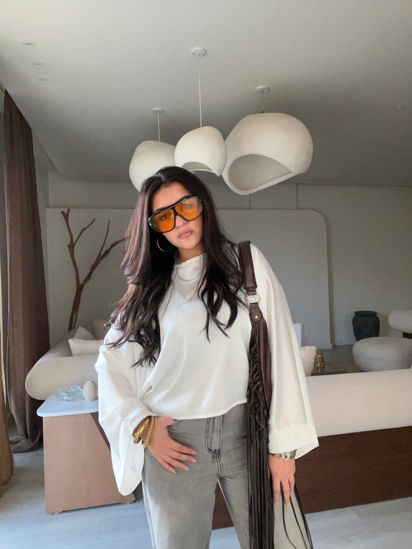 Wide Sleeve Satin Blouse White