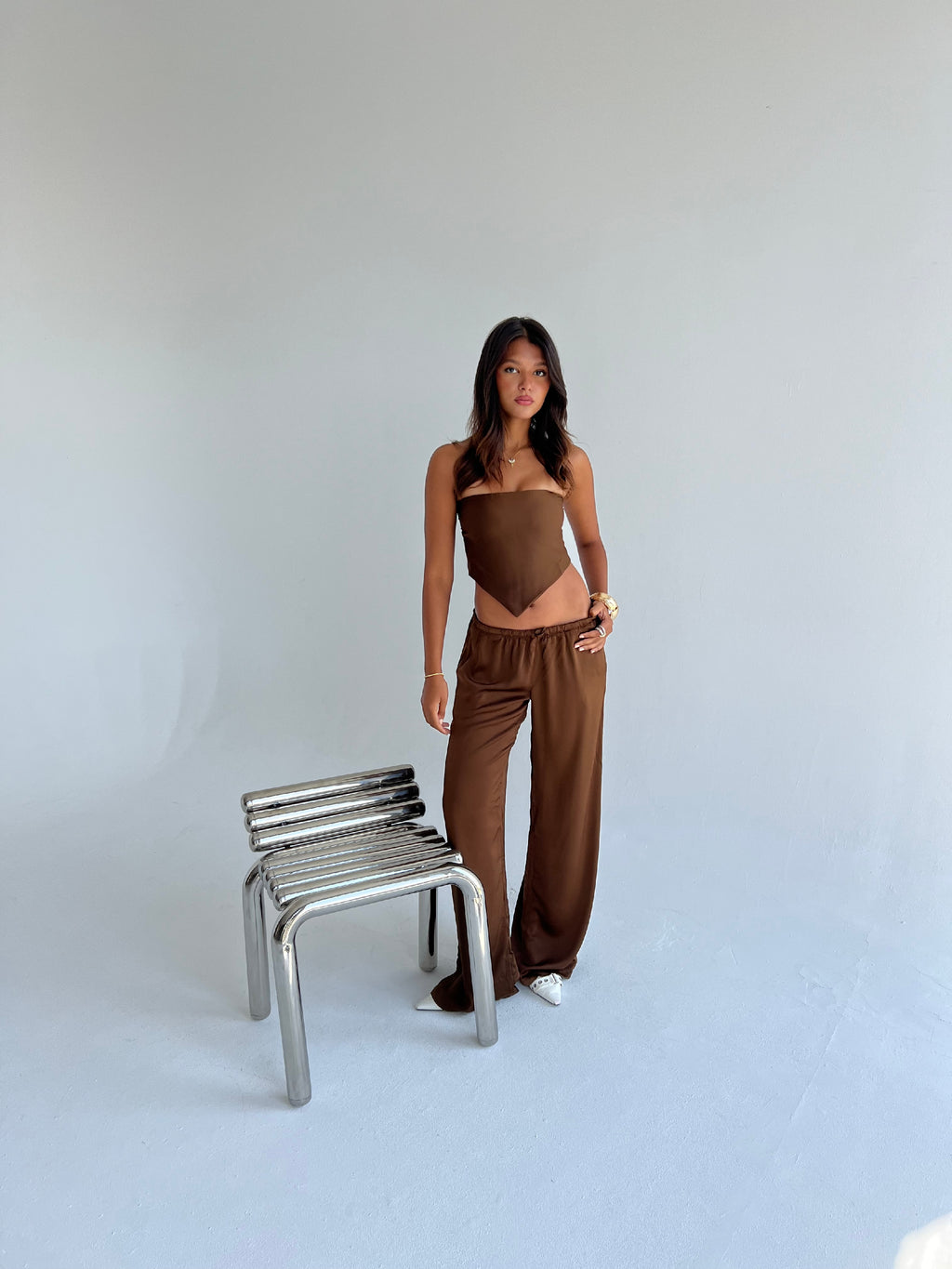 Allure Satin Scarf Top & Wide-Leg Pants Set