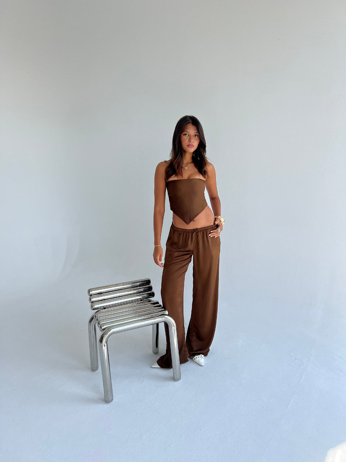 Allure Satin Scarf Top & Wide-Leg Pants Set