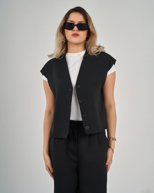 Compact v neck vest in black