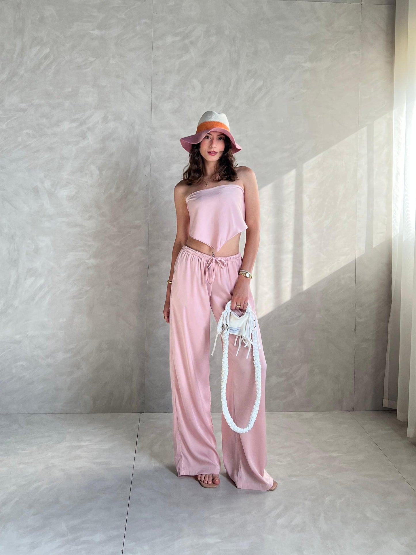 Pink Allure Satin Scarf Top & Wide-Leg Pants Set