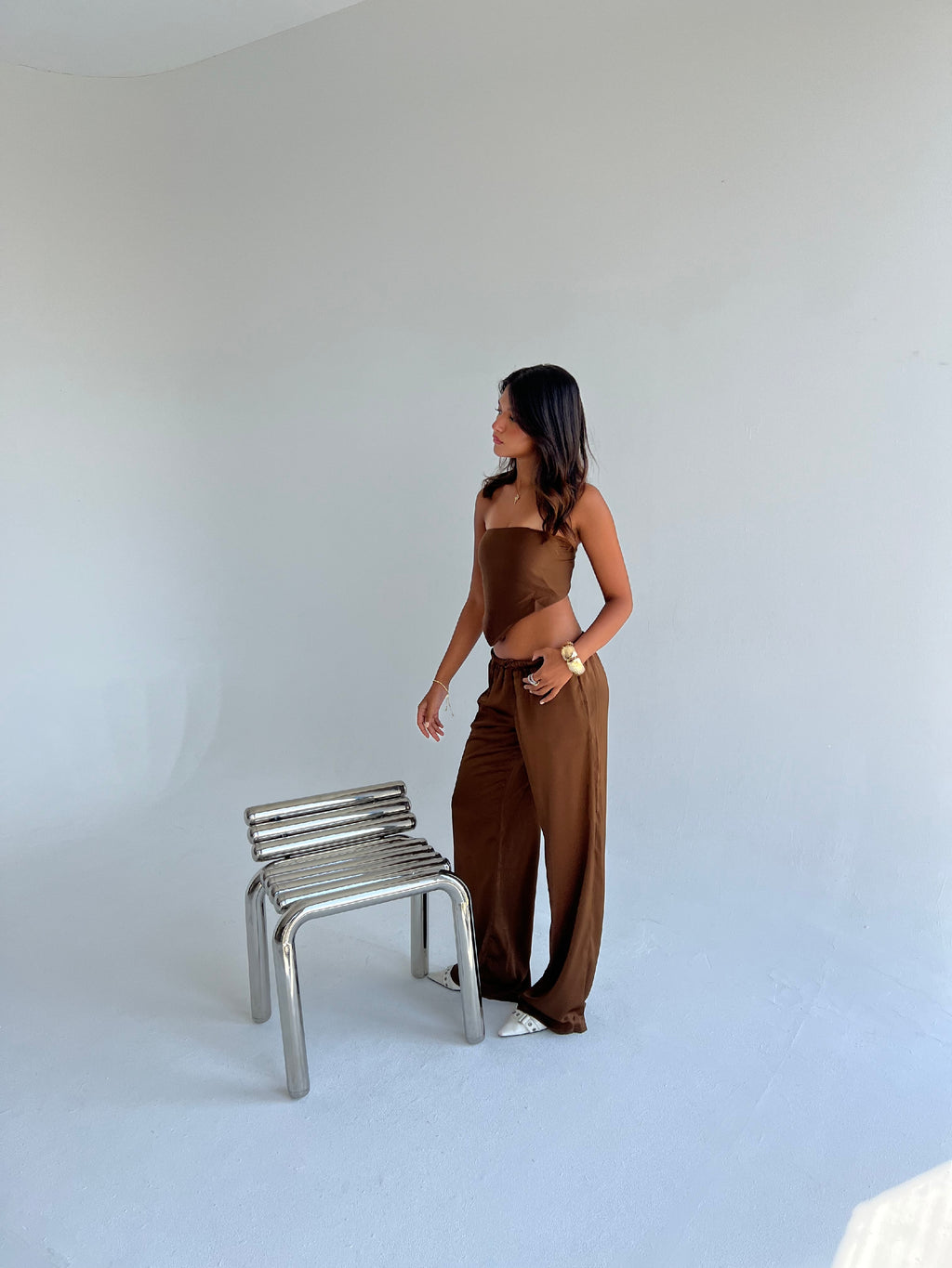 Allure Satin Scarf Top & Wide-Leg Pants Set