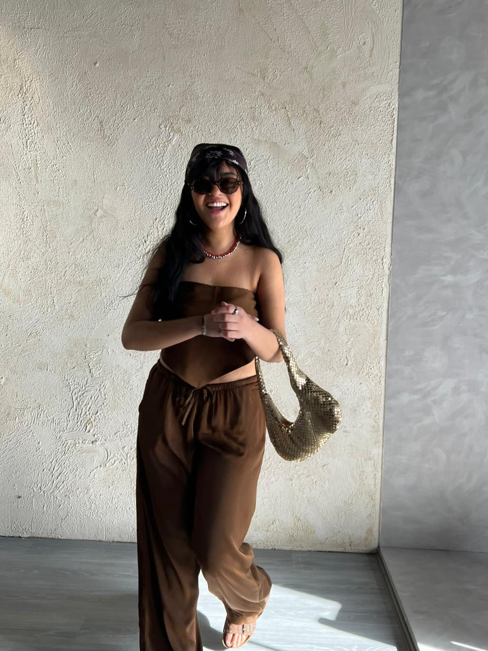 Brown Allure Satin Scarf Top & Wide-Leg Pants Set