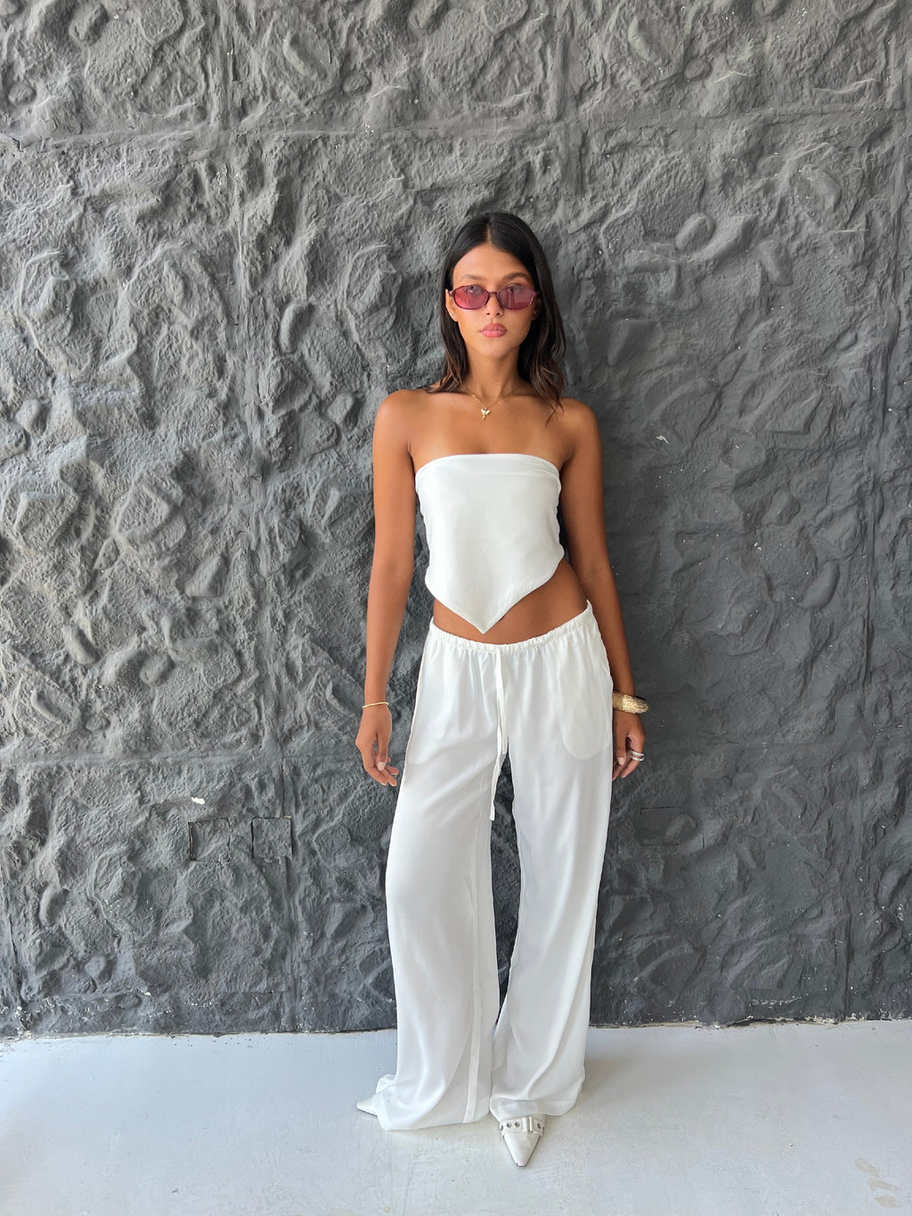 Allure Satin Scarf Top & Wide-Leg Pants Set
