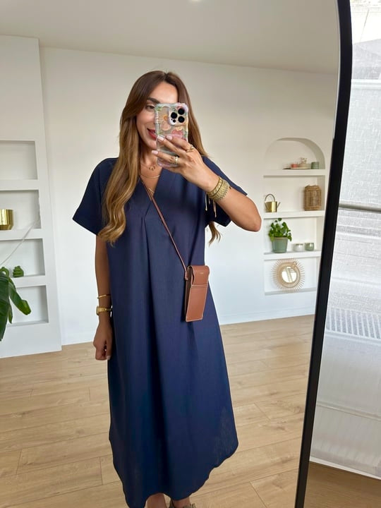 Navy Linen Midi Dress