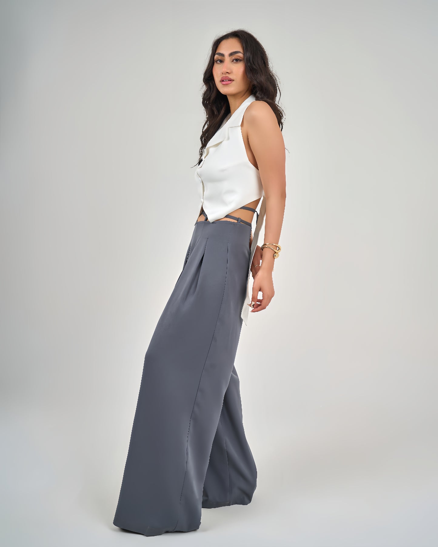 Grey Belt &amp; Pleats Pants