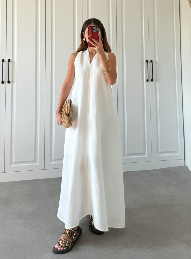 White Back Detailed V Neck Premium Linen Dress