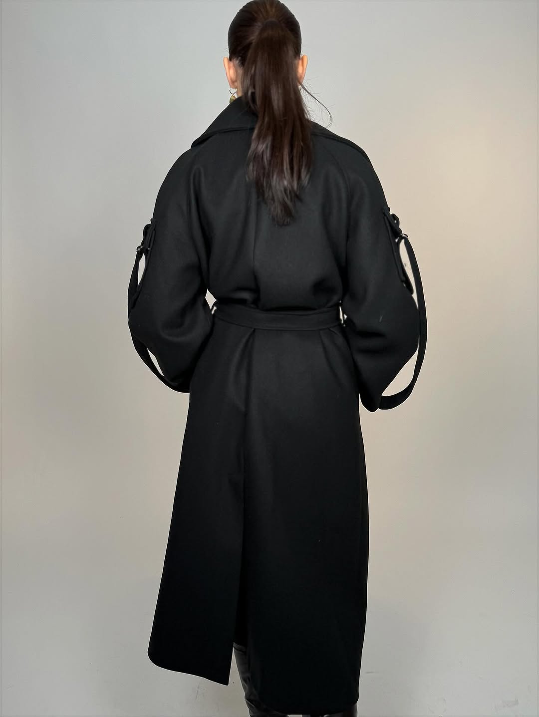 Black Anthracite Wool Blend Sleeve Pocket Coat