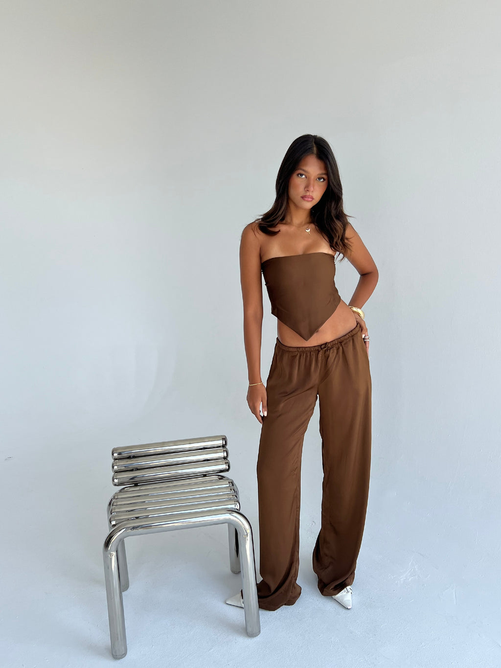 Allure Satin Scarf Top & Wide-Leg Pants Set