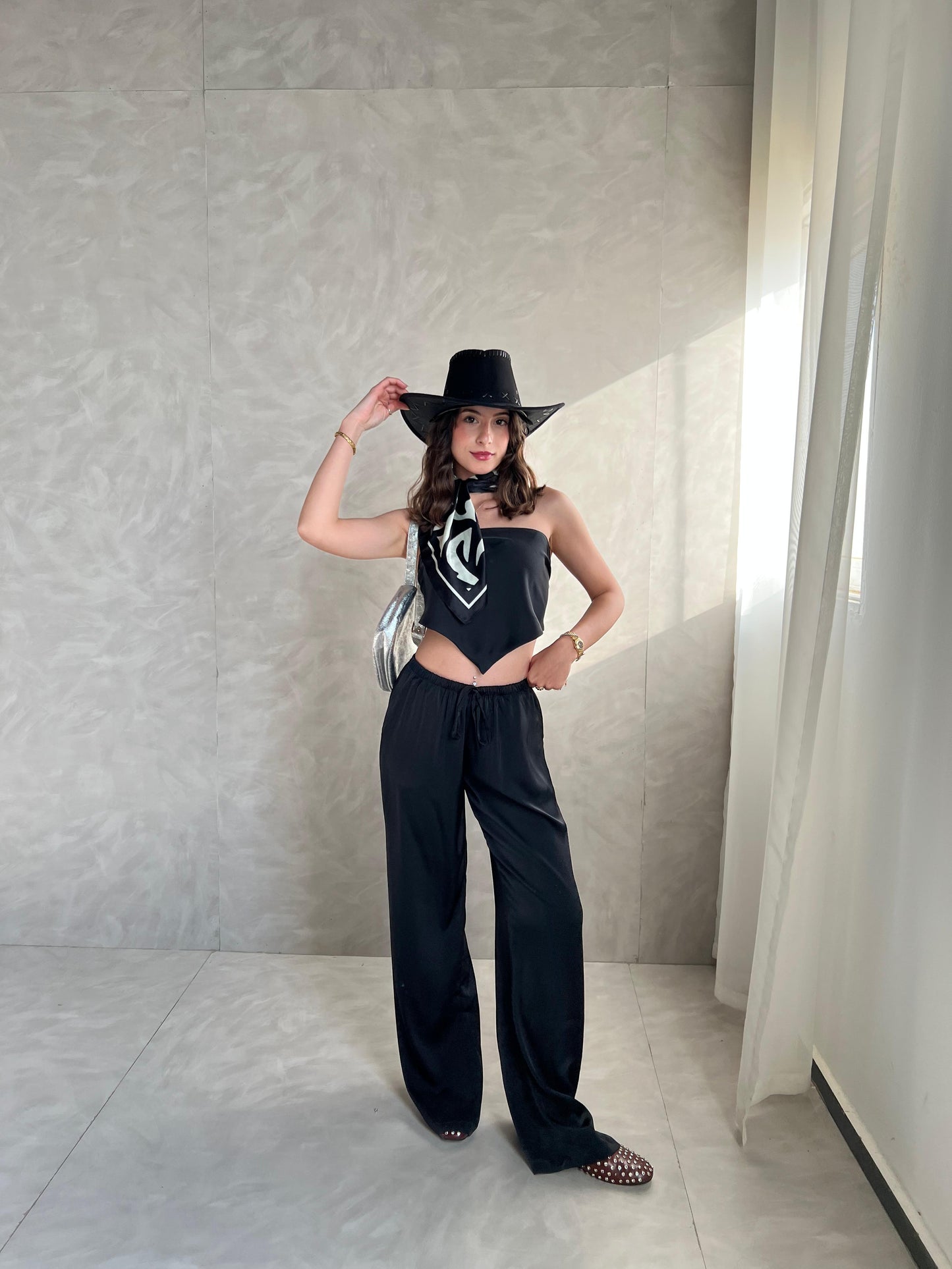 Black Allure Satin Scarf Top & Wide-Leg Pants Set