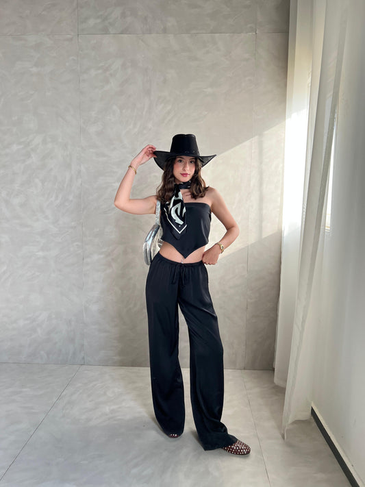 Black Allure Satin Scarf Top & Wide-Leg Pants Set