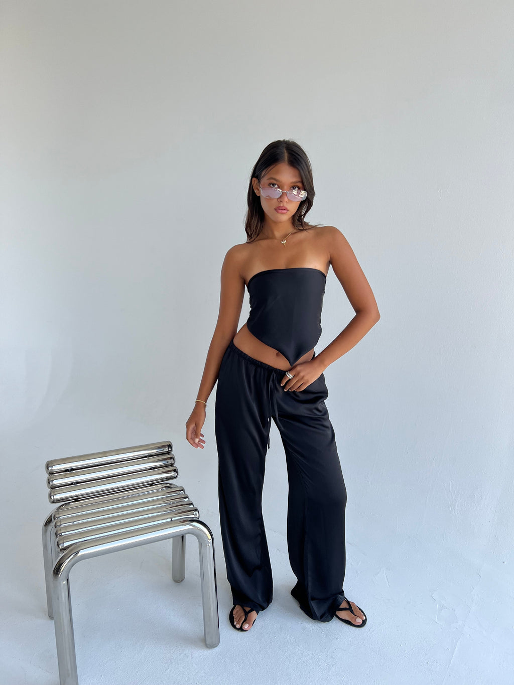 Allure Satin Scarf Top & Wide-Leg Pants Set
