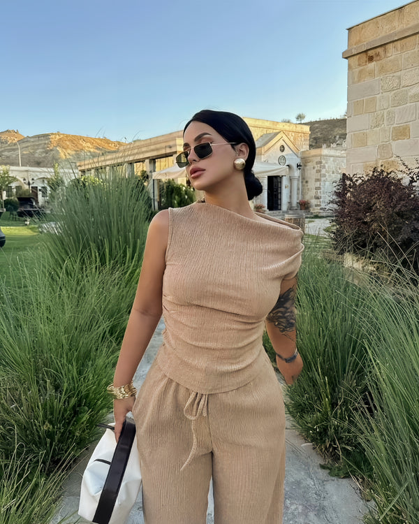 Beige asymmetric blouse pants suit