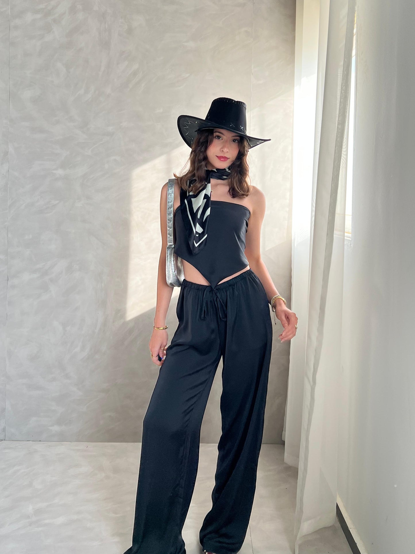 Black Allure Satin Scarf Top & Wide-Leg Pants Set