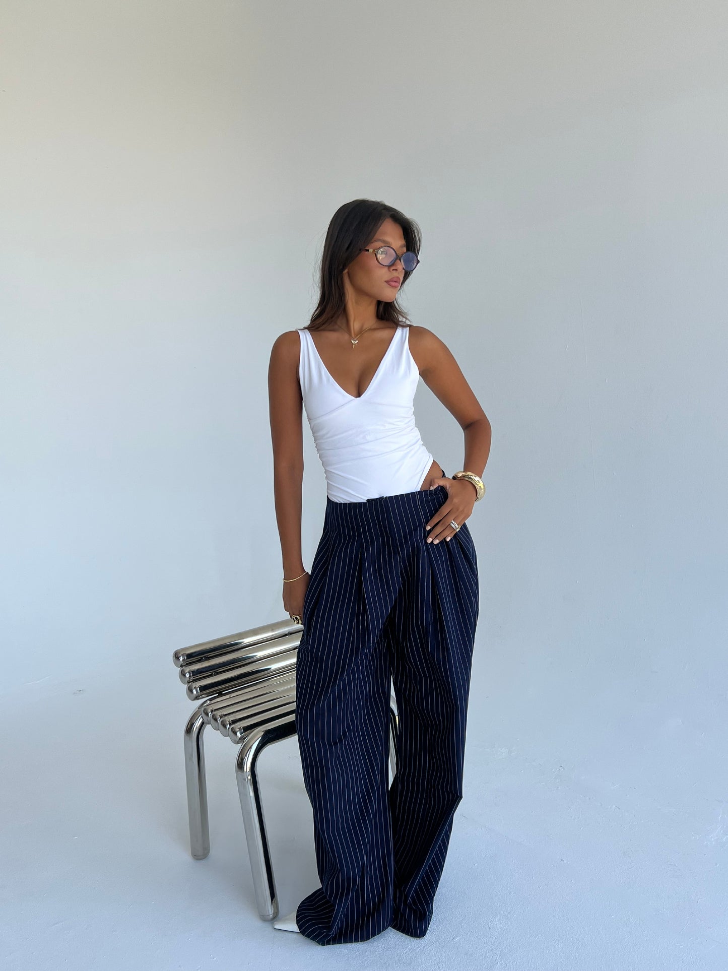 The Riviera Pinstripe Wide-Leg Pants – Navy