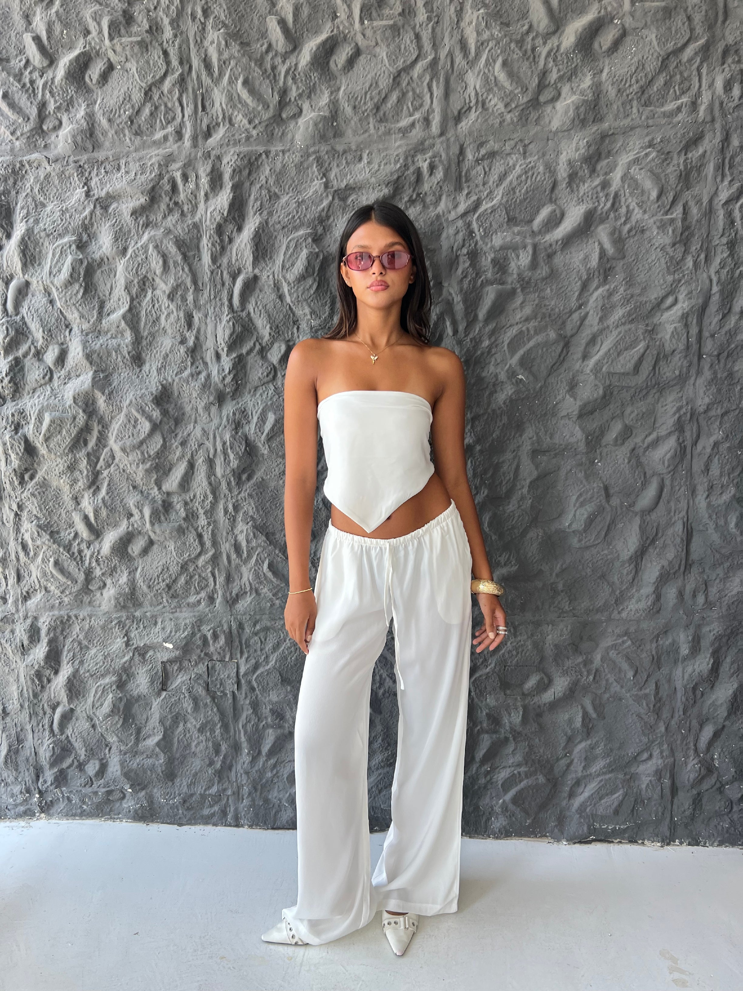 Allure Satin Scarf Top & Wide-Leg Pants Set